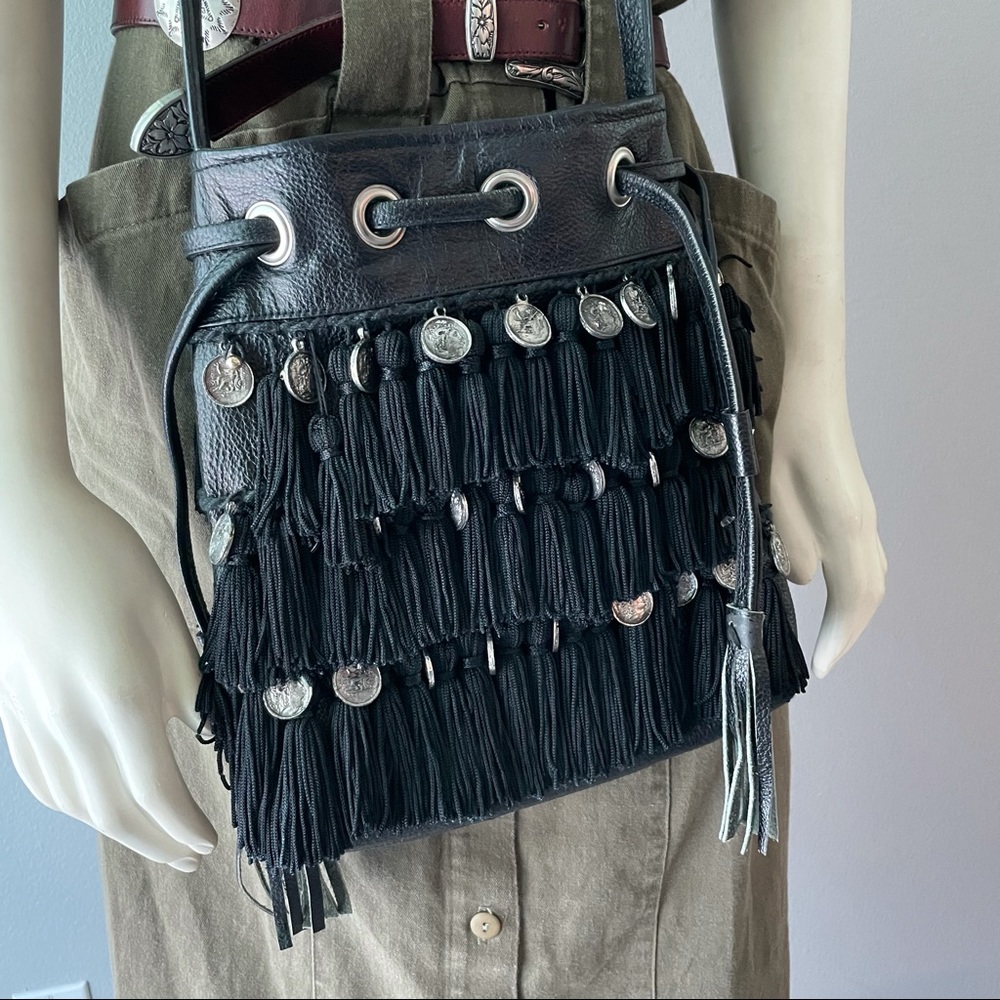 STELA 9 Leather Katari Coin Bucket Bag Black Fringe Tassels